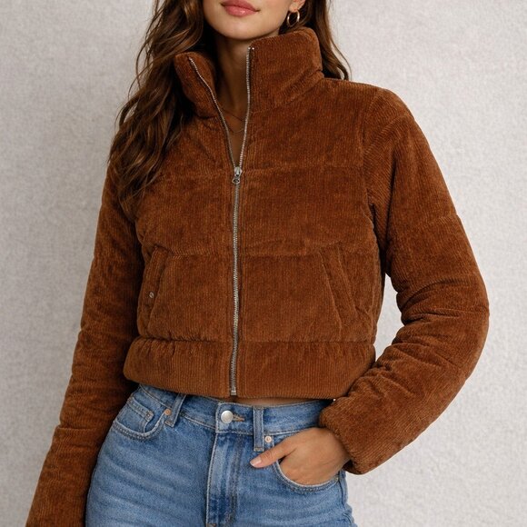 Brown / Burnt Orange Corduroy Cropped Puffer Jacket | Cozy Fall Winter Layer - Picture 1 of 4